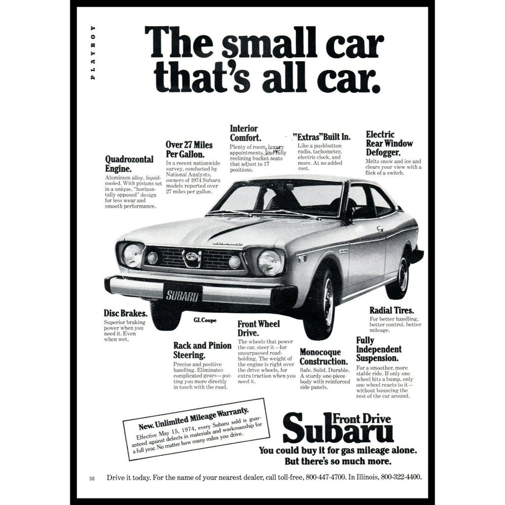 1974 Subaru Front Drive Small Car Vintage Print Ad Fuel Crisis Man Cave Wall Art